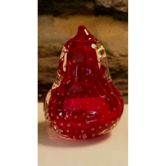 Vintage Handblown Bubble Glass Paperweights Ruby Red, Green Pear Set 4"x3.5" - Picture 3 of 4